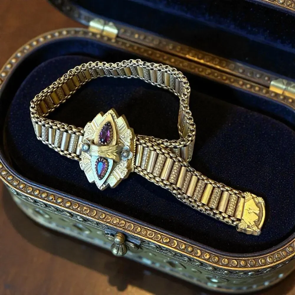 Antique Victorian Gold Filled Mesh Slide Bracelet Amethyst Glass Seed Pearl 1882 - Picture 13 of 13